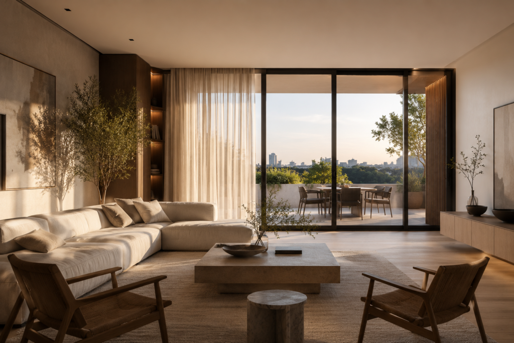 Salón contemporáneo diseñado para disfrutar del verano en casa con luz natural y sensación de bienestar