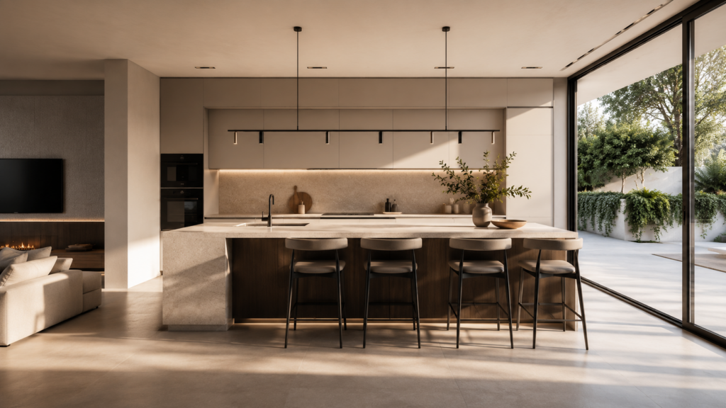 Cocina contemporánea de diseño con isla central, materiales naturales y grandes ventanales